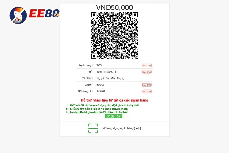 Thanh toán bằng mã quét và thông tin giao dịch tại EE88 nạp tiền